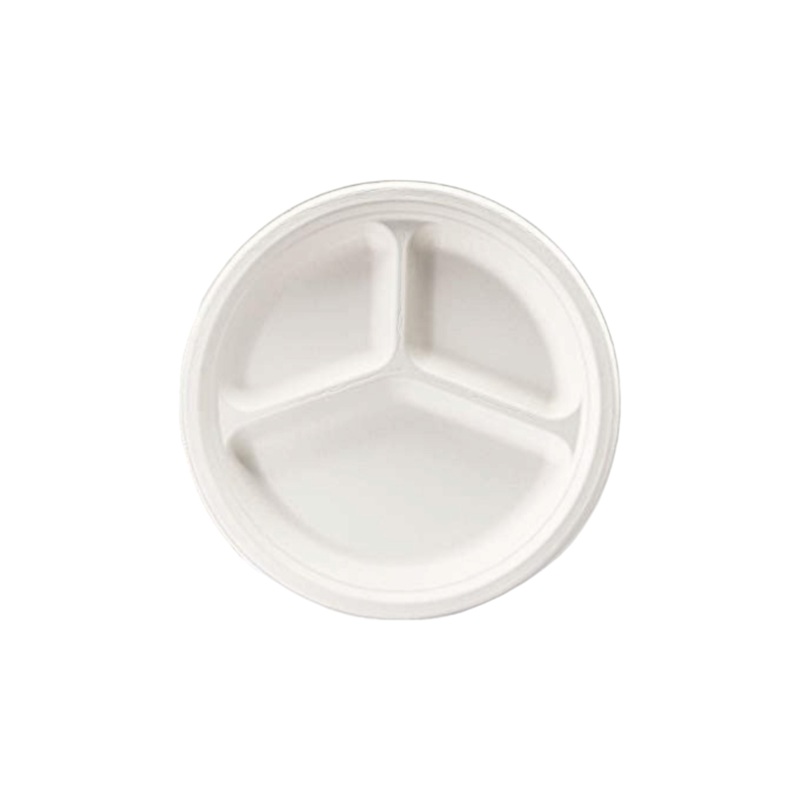 Biodegradable Takeaway Round Plate 3-Compartment 10inch White Sugar Cane