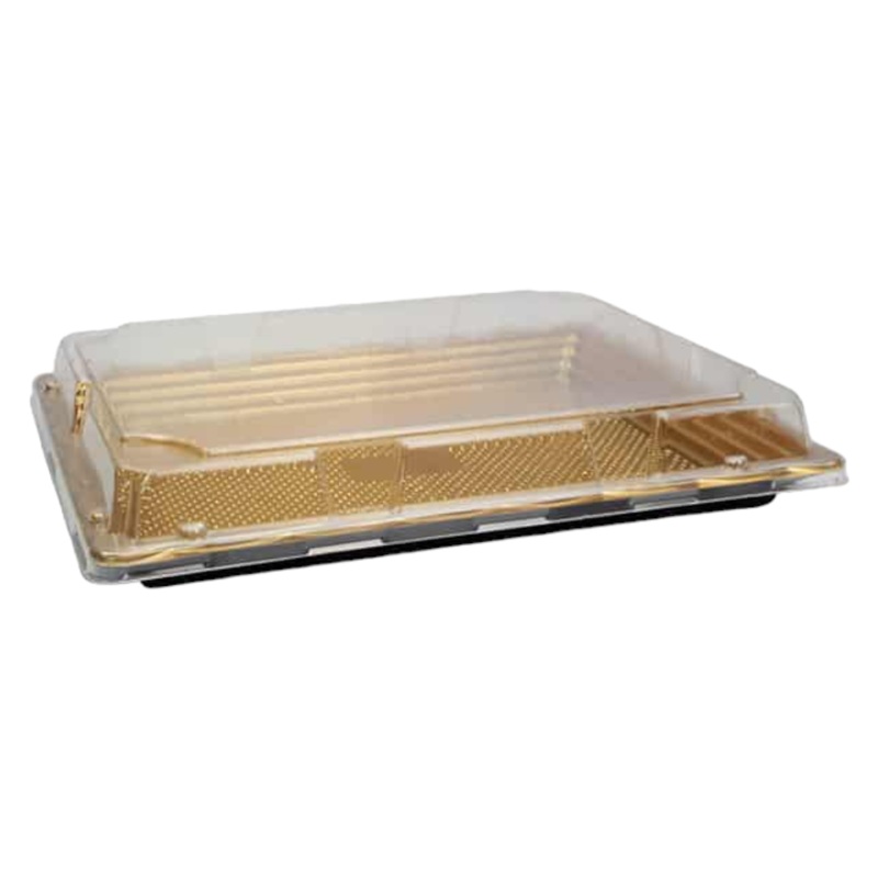 Disposable Serving To Go Plastic Tray Gold 13×18.5cm with Clear Lid