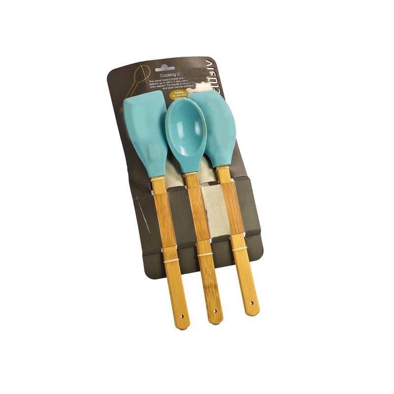 Kitchen Tool Set 3pc Silicone With Wooden Handle