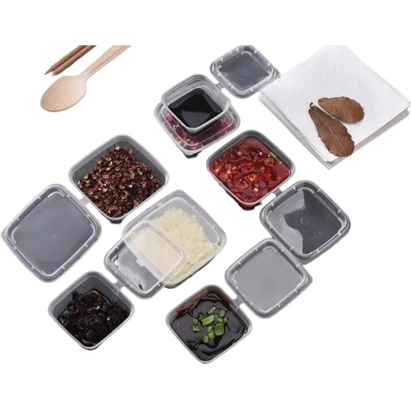 Plastic Disposable Sauce Tub Square 100ML with Hinged tight Lid 25pack