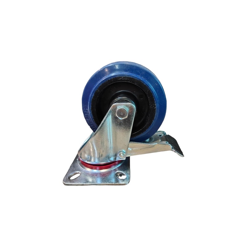 Castor Wheel 100mm Blue Rubber Swivel with Plate Break