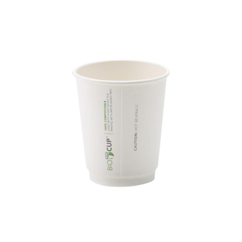 250ml Bio Composite Paper Coffee Cup Double Wall White with Black Sip Lid 10pack