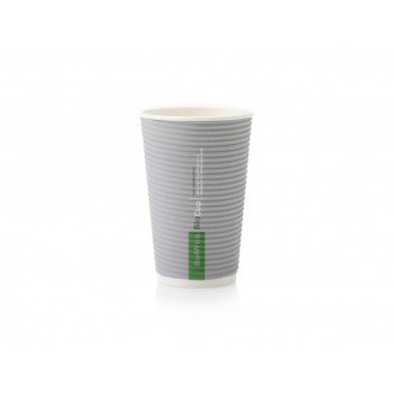 500ml Bio Compostable Ripple Paper Coffee Cup Horizontal Charcoal with White Sip Lid 10pack