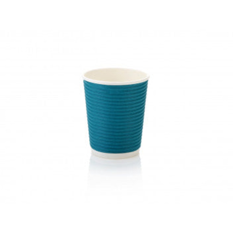 250ml Disposable Coffee Cup Ripple Cup Horizontal Turquoise 10Pack with Black Sip Lid