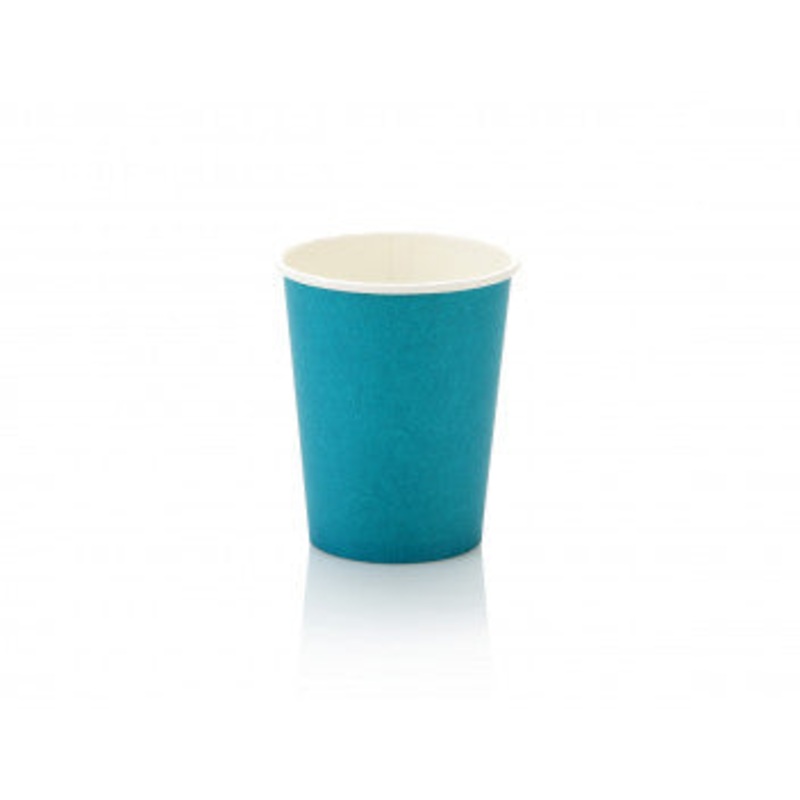 250ml Paper Coffee Cup Single Wall Turquoise with Black Sip Lid 10pack