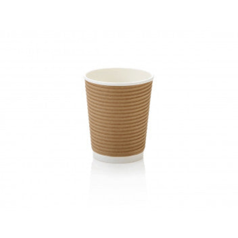 250ml Ripple Paper Coffee Cups Horizontal Kraft Brown with Black Sip Lid 10pack