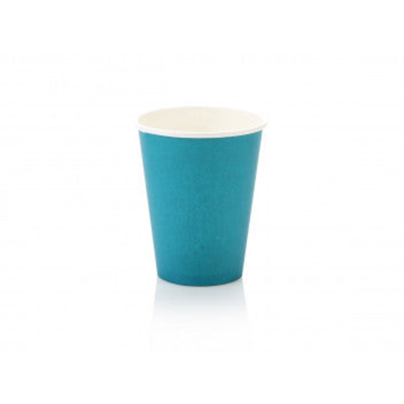 350ml Paper Coffee Cup Single Wall Turquoise with White Sip Lid 10pack