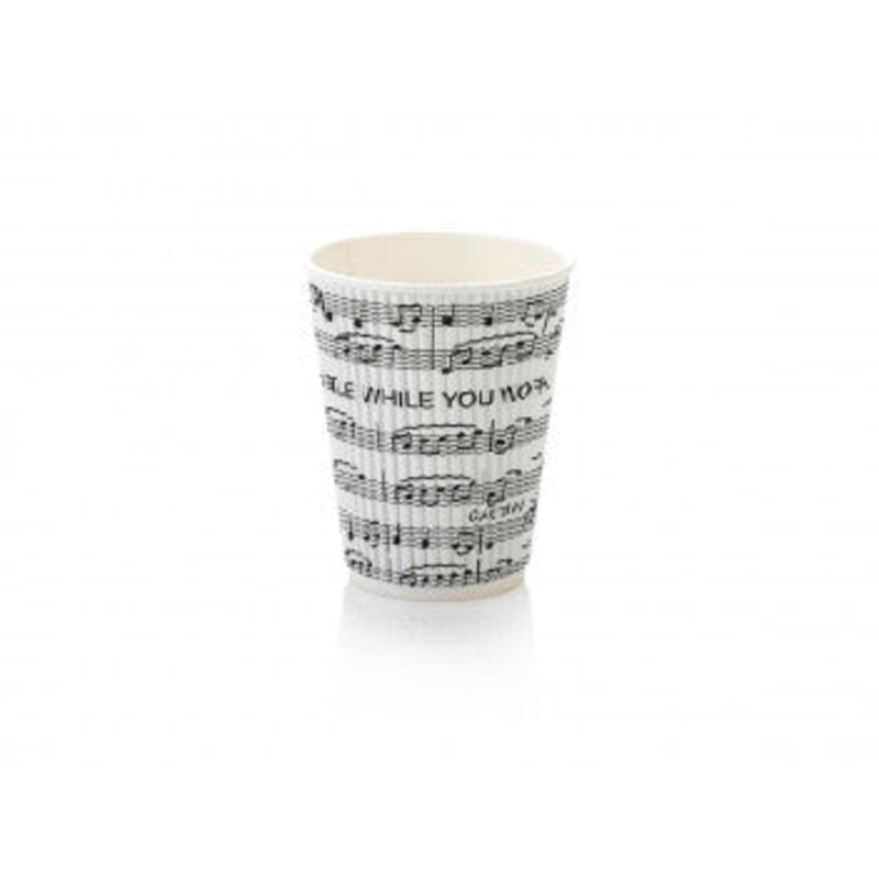 350ml Ripple Paper Coffee Cup Music Print Black-White Print with White Sip Lid 10pack