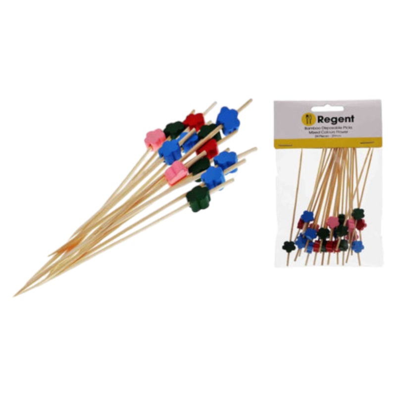 Regent Bamboo Disposable Picks with Pink Black and Blue Colour Flower 24pcs 120mm 35149