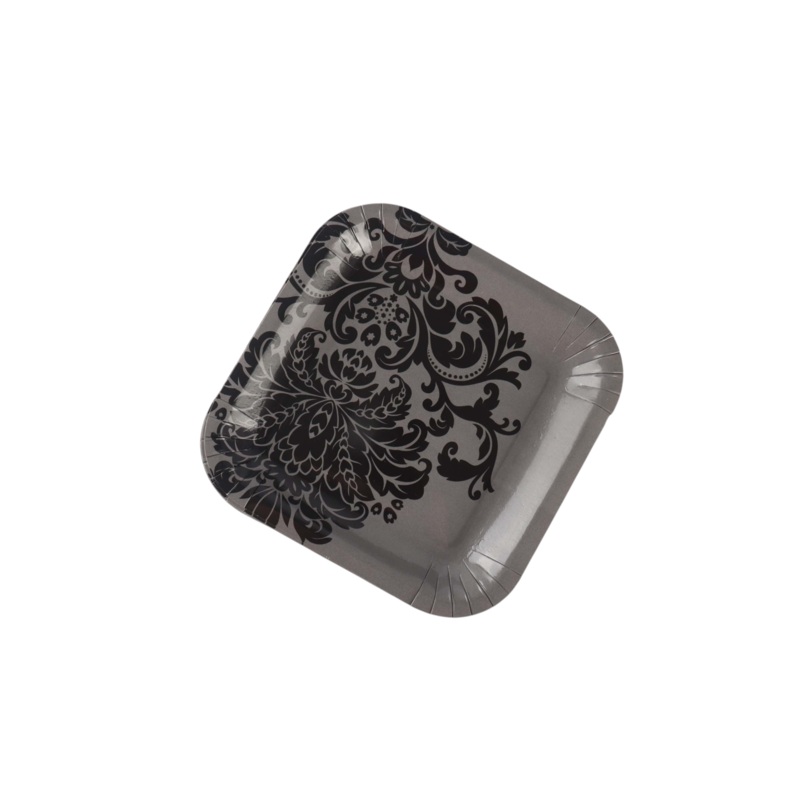 Party Paper Plate Square Grey with Black Print 9inch 23cm 10pack