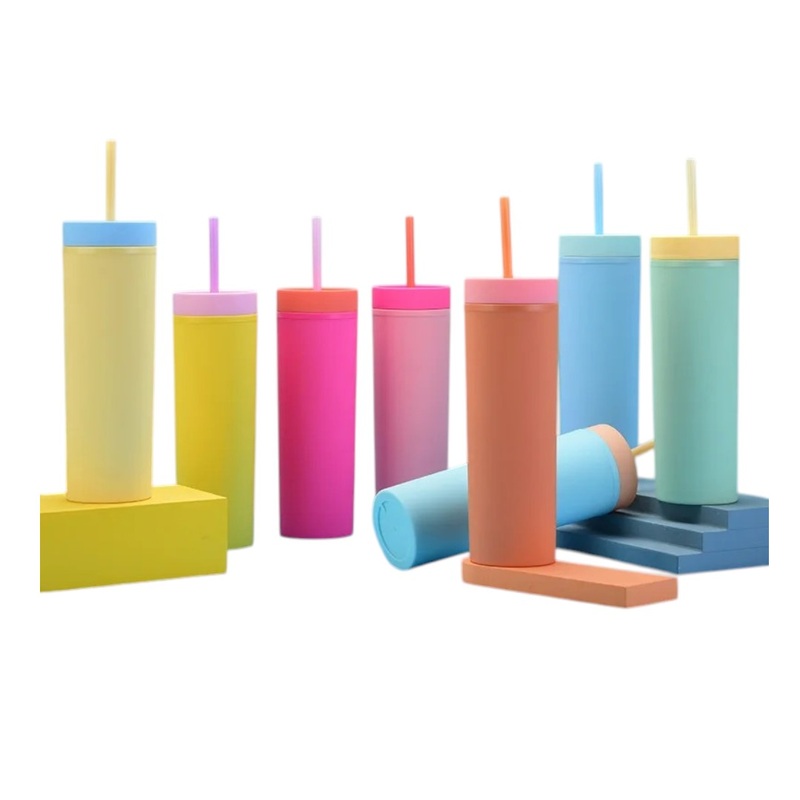 Skinny Drinking Tumbler 473ml Acrylic Reusable with Inverted Color Lid and Straw 7x21cm