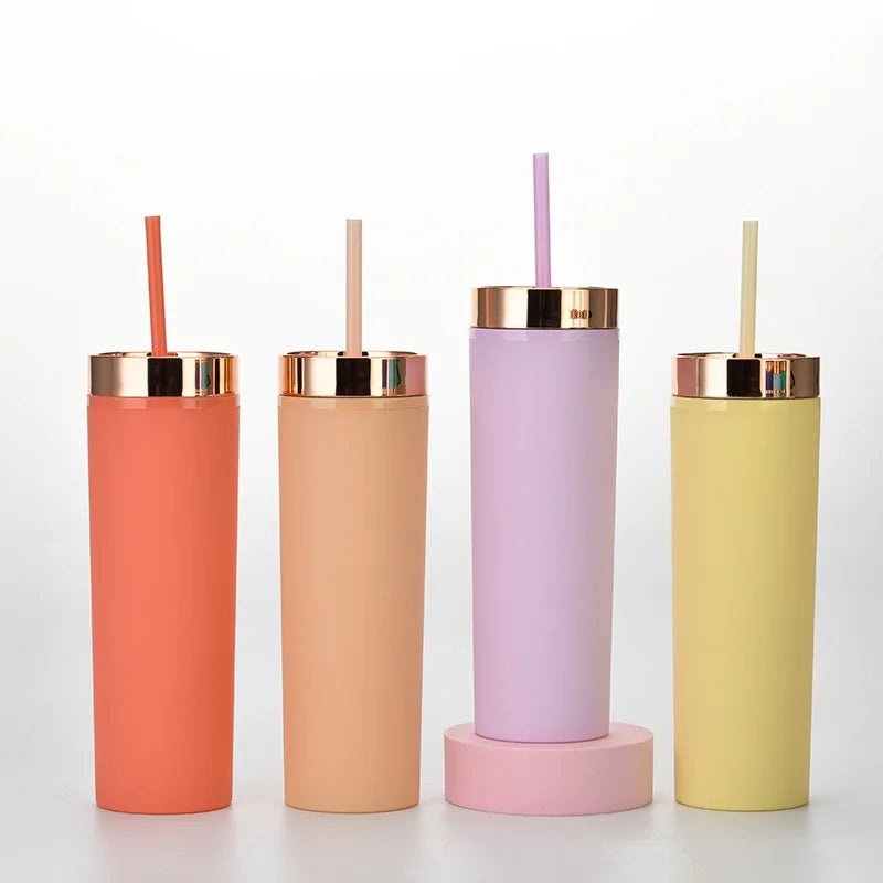 Skinny Drinking Tumbler 473ml Acrylic Reusable with Rose Gold Lid & Straw 7x21cm