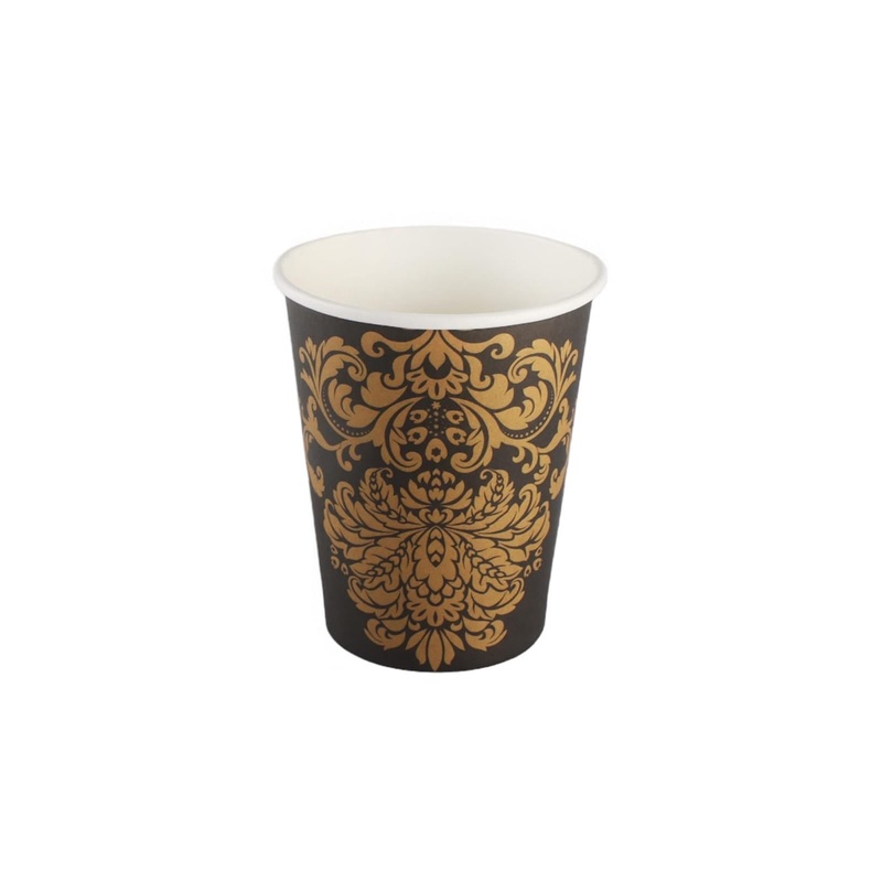 Disposable Party Paper Cups Black with Gold Patterned 260ml 10pack