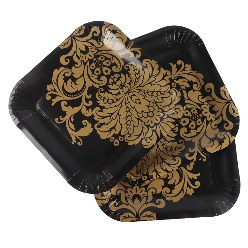 Disposable Party Paper Plate Black Square with Gold Patterned 9Inch 23cm 10pack