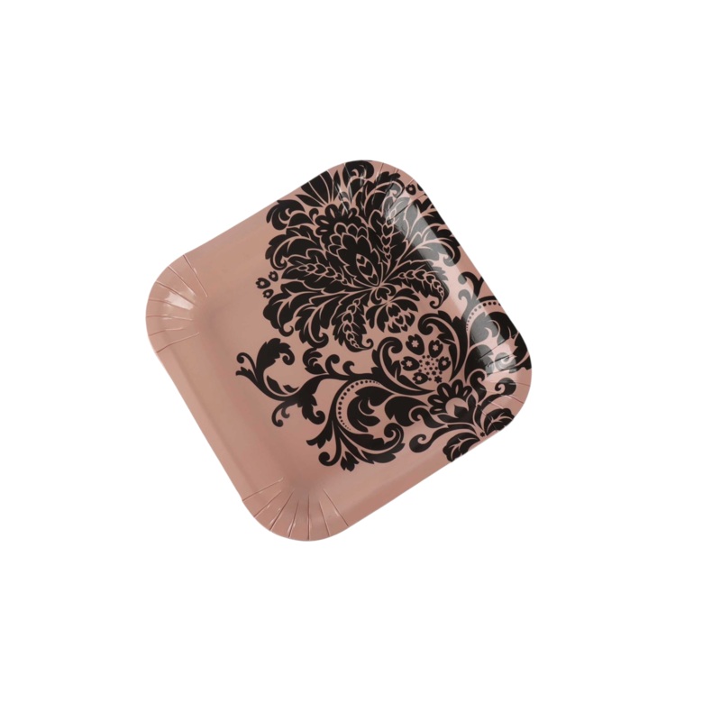 Disposable Party Paper Plate Square Rose Gold 9Inch 23cm with Black Foral Patterned 10pack