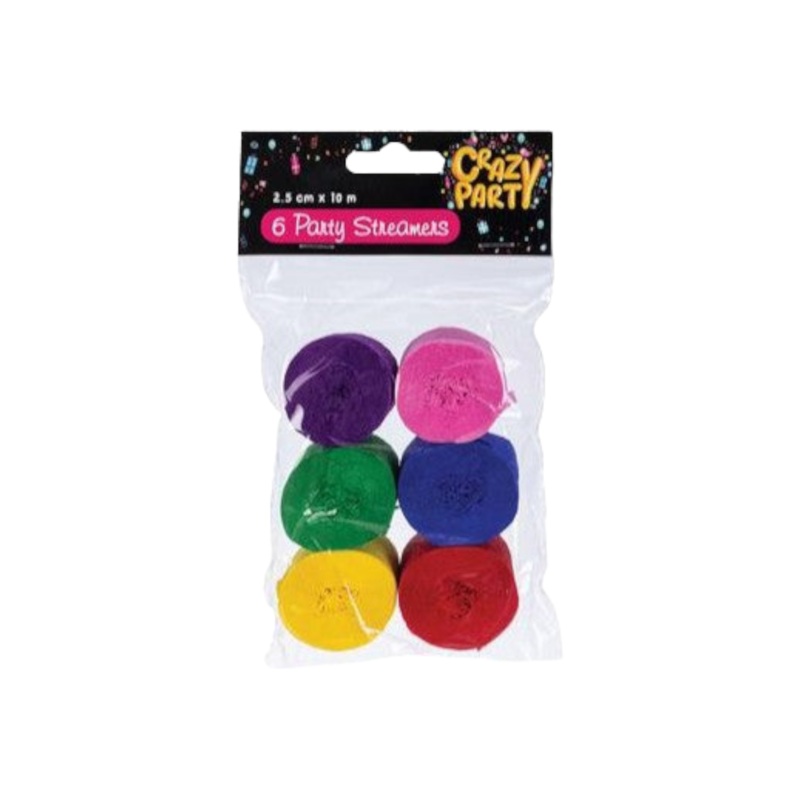 Party Streamers 2.5cmx10m 6pack Assorted