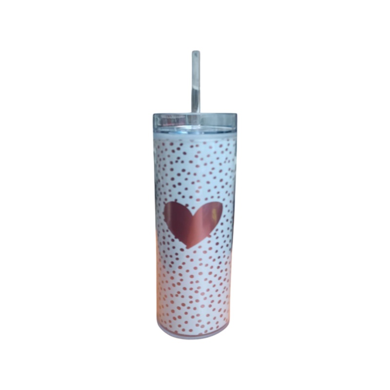 Acrylic Plastic Skinny Double Wall Water Bottle with Lid & Straw 21x7cmn Heart Patterned