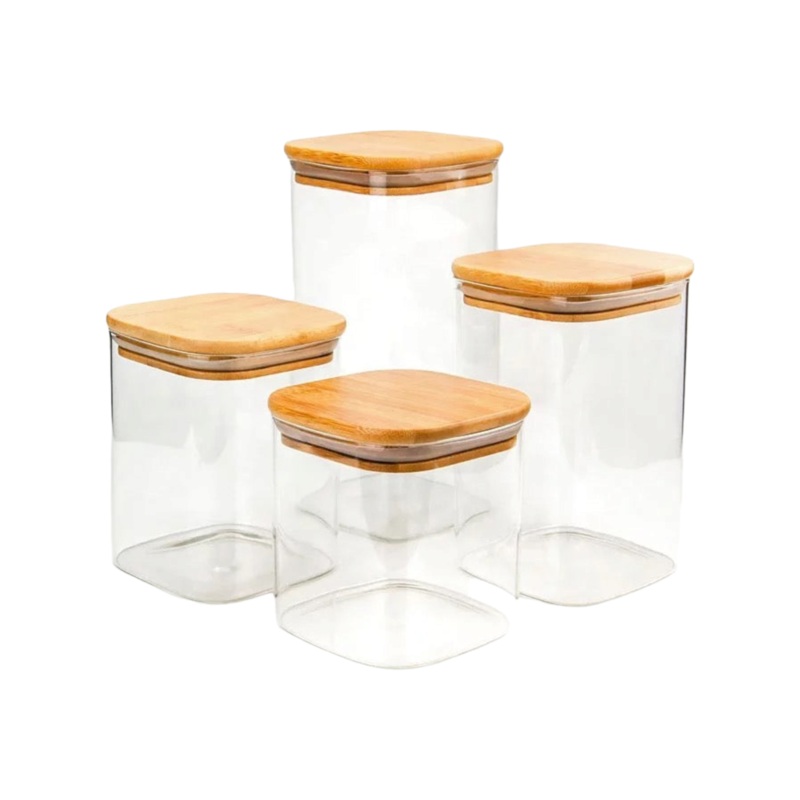 Borosilicate Glass Canister Storage Jar Square with Wooden Lid