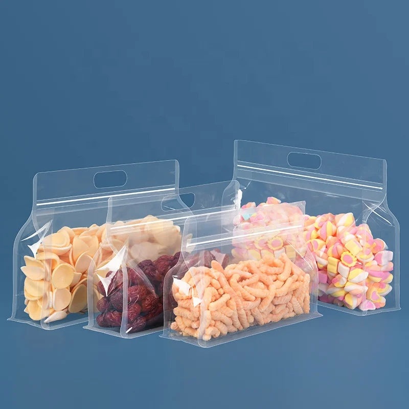 Food Grade Zip Lock Stand-Up Carry Pouch Plastic Bags Landscape Transparent with Handle Flat Bottom Gusset 10pack Resealable