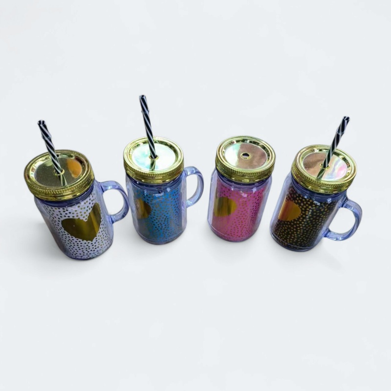 Plastic Mason Mug Jar with Straw 16.5x9cm Heart Patterned