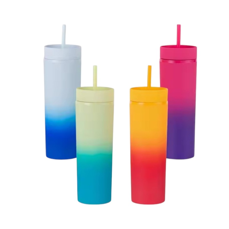 Skinny Drinking Tumbler 473ml Pastel 2-Tone Acrylic Bottle Reusable with Lid & Straw 21x7cm