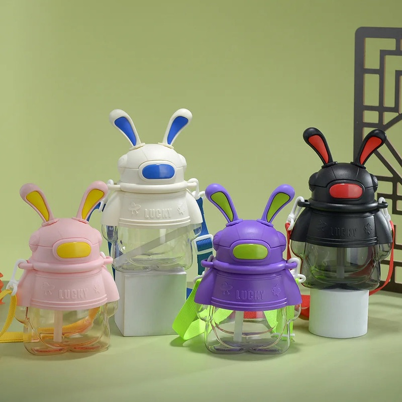 Space Rabbit Cartoon Plastic Water Bottle with Anti Drop Straw 750ml