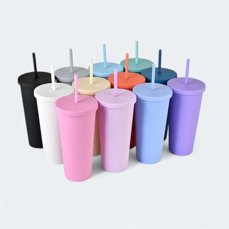 Acrylic Drinking Tumbler 600ml Pastel Colored Matte Finish Cup & Straw