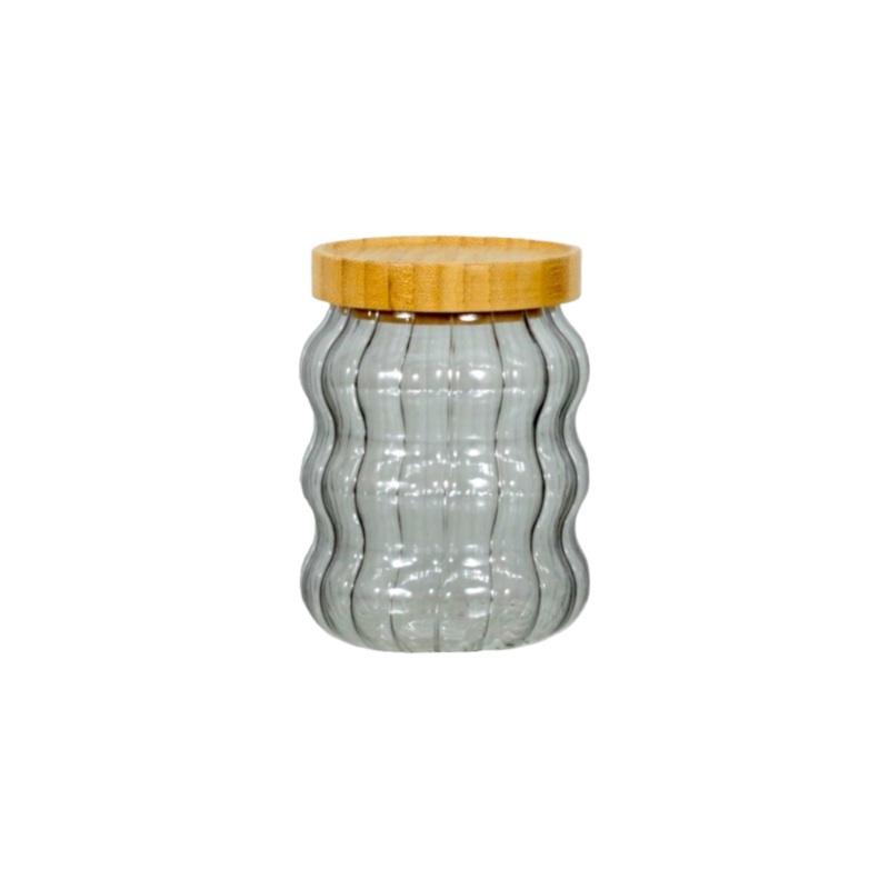 Glass Canister Smoke Ribbed Jar 530ml with Bamboo Lid 27309