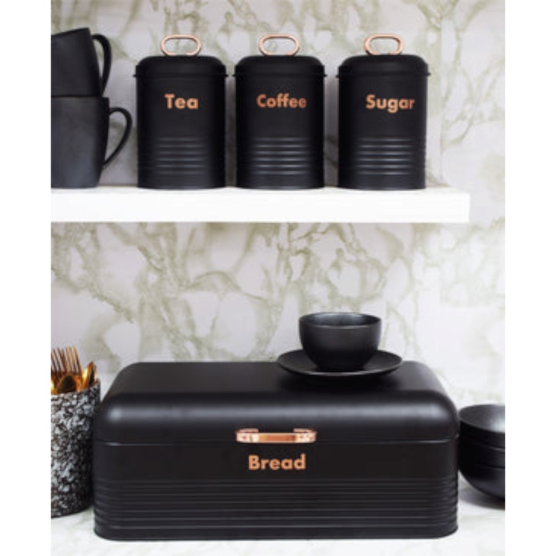 Totally Home Retro Bread Bin with Gold Handle & 3pc Canister Set Tea-Coffee-Sugar TH105