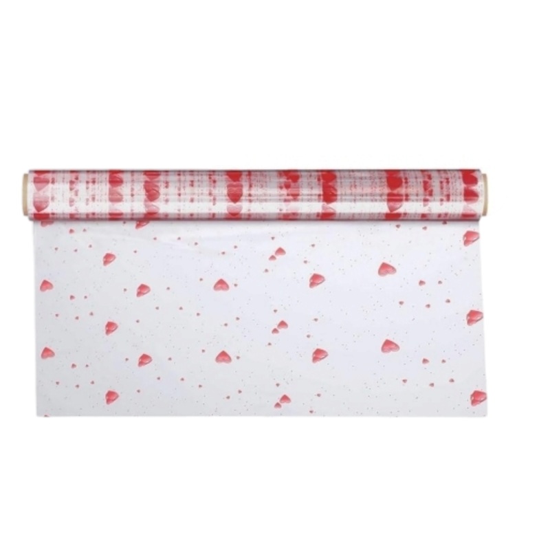 Cellophane Gift Wrap Roll Clear 50cmx2m with Red Hearts Print