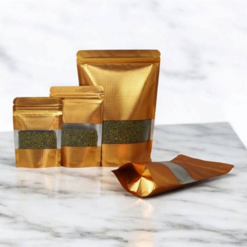 Aluminum Gold Embossed Metalized Zip Lock Resealable Stand-Up Foil Bag with Window 10pack