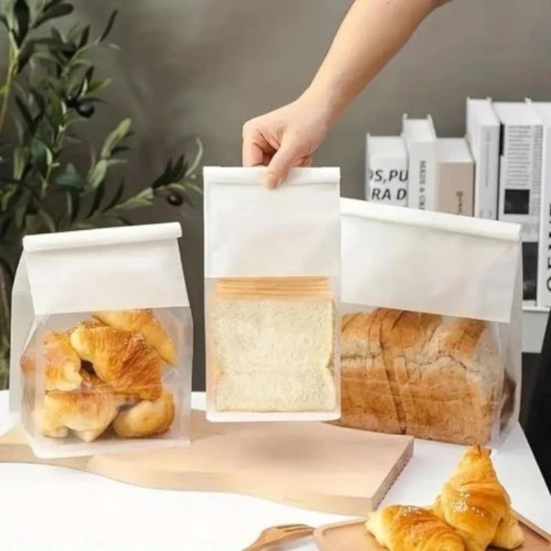 Food Grade Bakery Plastic Bags Transparent Side & Front Window White Tissue Paper with Tin Tie 3D Flat Bottom 10pack