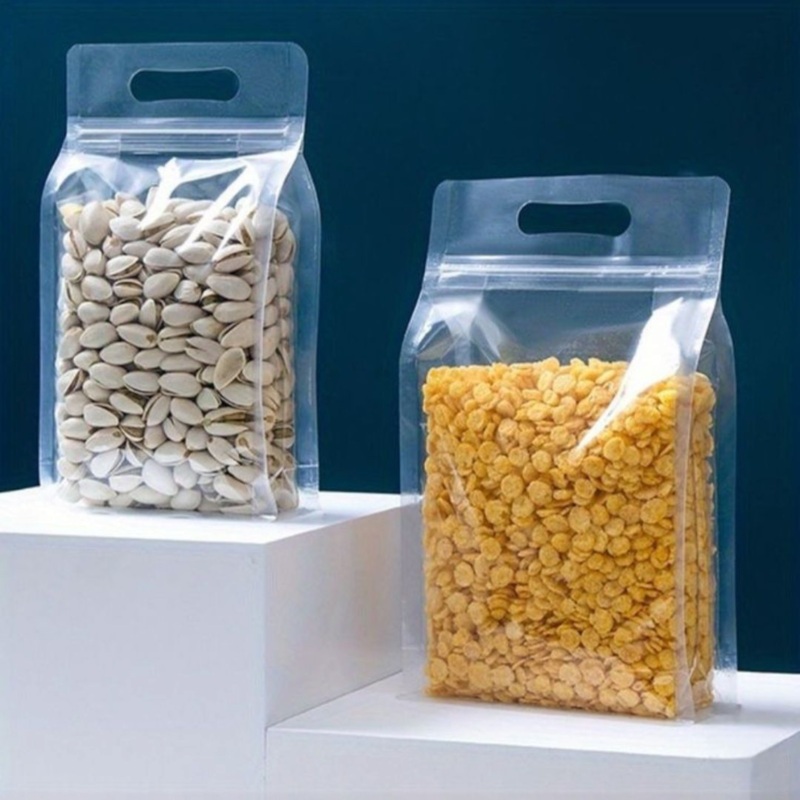 Food Grade Zip Lock Stand-Up Carry Pouch Plastic Bags Potrait Transparent with Handle Flat Bottom Gusset 10pack Resealable