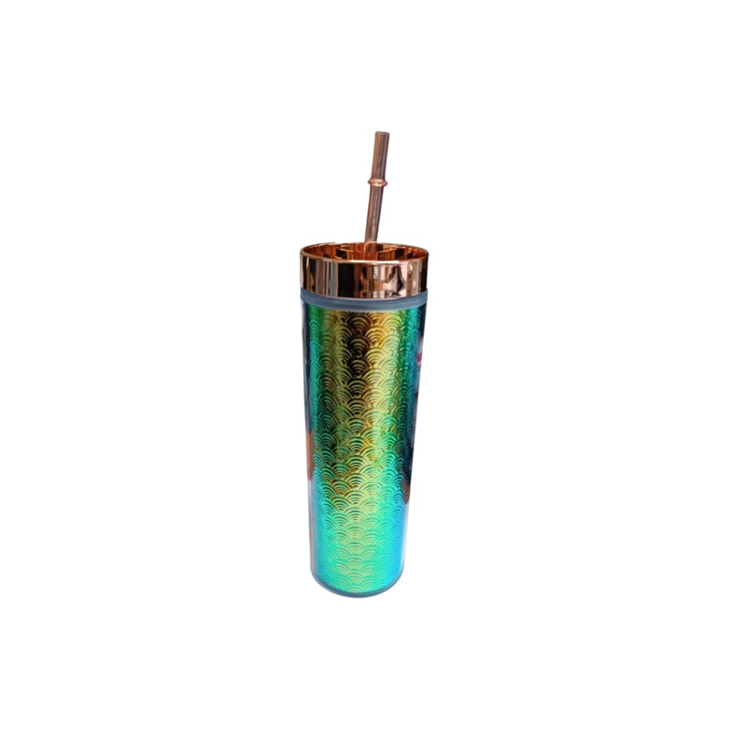 Skinny Iridescent Drinking Tumbler 473ml Acrylic Bottle Reusable with Lid & Straw 21x7cm