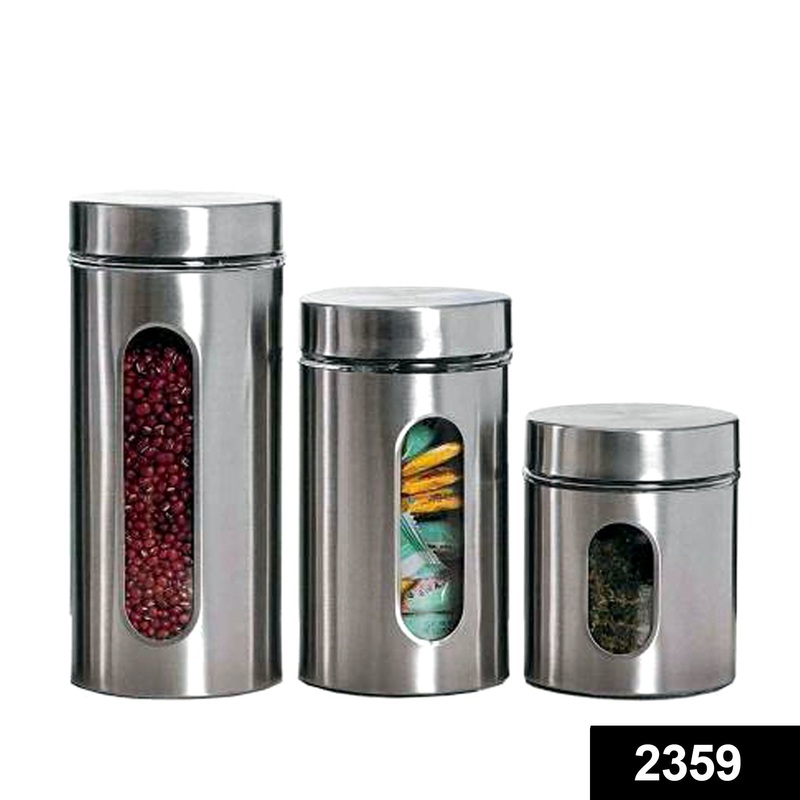 2359 Stainless Steel Jar With Visible Container Glass Window & Airtight Lid (Pack of 3) (325ml,500ml,740ml)