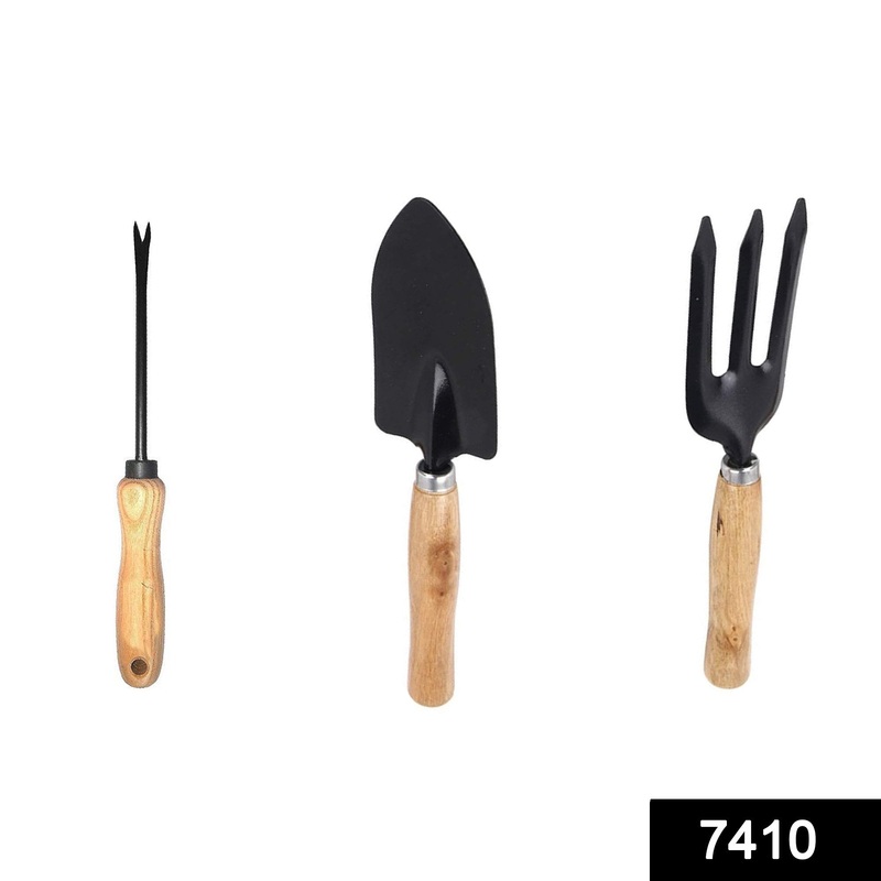 7410 3 Piece Gardening Tool Set Mini Wood Handle Cultivator, Gardening Trowel, Garden Forks