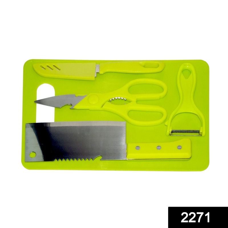 2271 Premium Stainless Steel Kitchen Chopping Tool Set (Butcher Knife, Peeler, Standard Knife and Kitchen Scissor with Chopping Board) – 5 Pcs