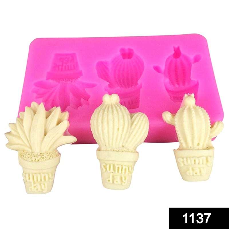 1137 Cake Decorating Baking 3 Cavity Cactus Silicone Chocolate Mold (Pink)
