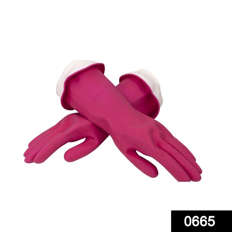 0665 – Flock line Reusable Rubber Hand Gloves (Pink) – 1pc