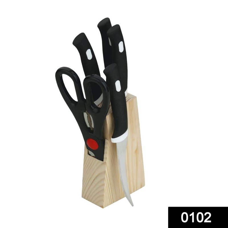 102 Kitchen Knife Set with Wooden Block and Scissors (5 pcs, Black)