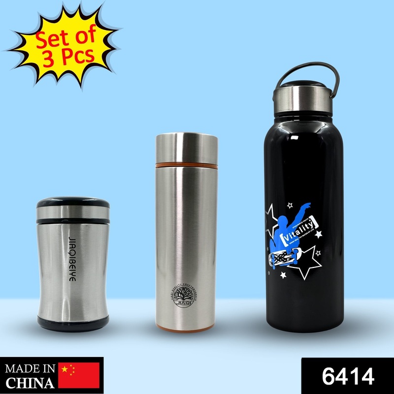 6414 Double Wall Vacuum Insulated Stainless Steel Hot & Cold Flask Water Bottle – Pack of 3, Size: 250 ml, 350 ml & 450 ml (Multicolor)