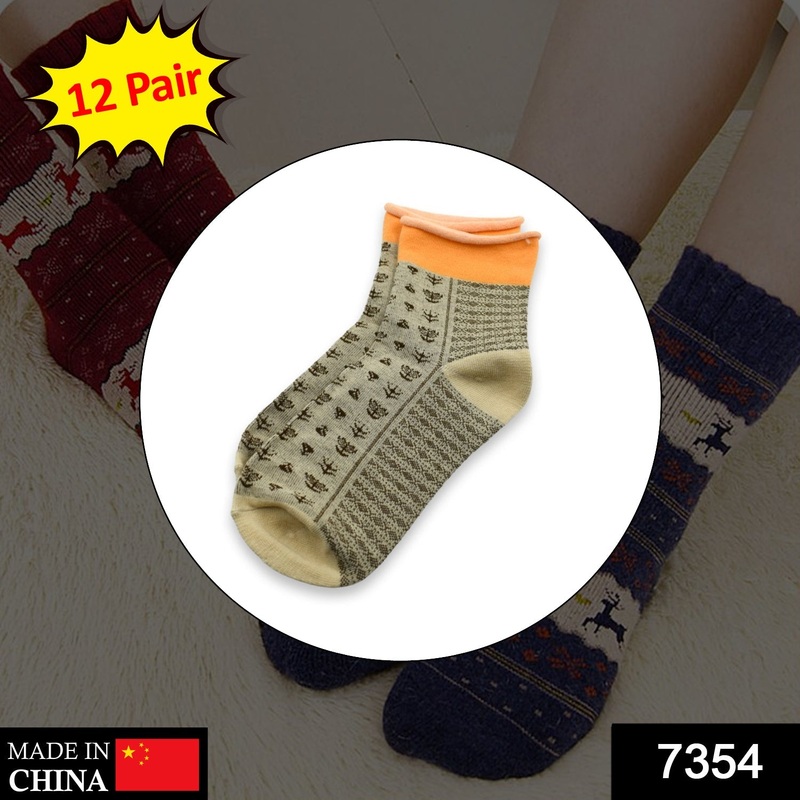 7354 Women’s Cotton Solid Ankle Length Printed Fancy Socks Combo – 12 pair (Multicolour, Medium)