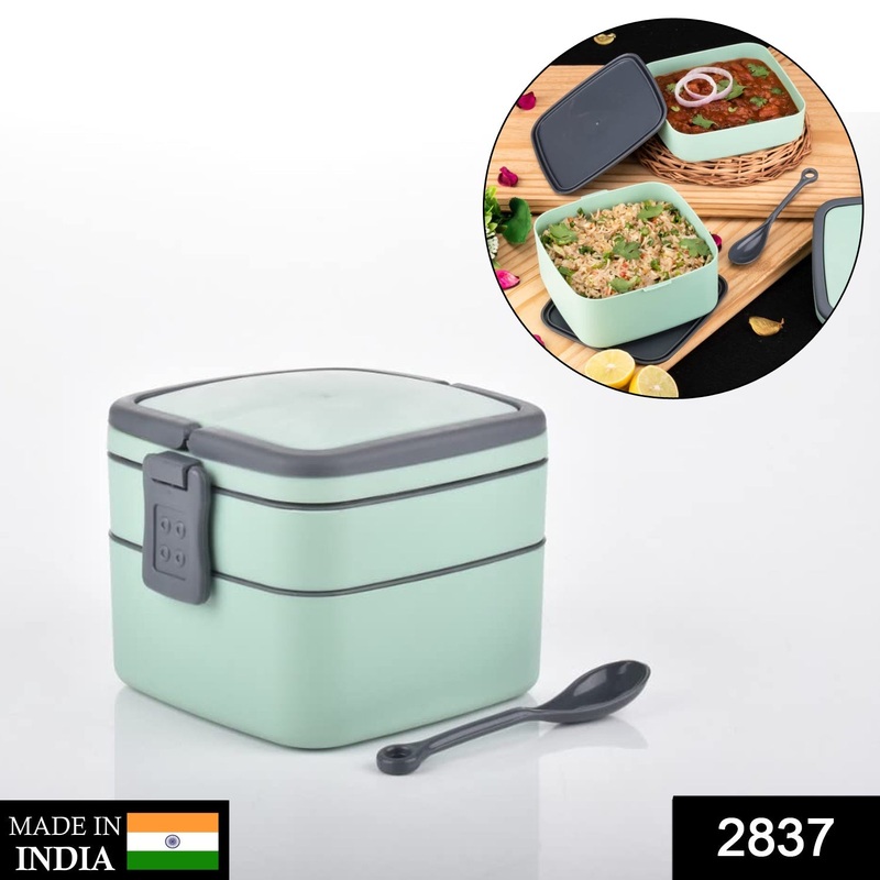 2837 Green Double-Layer Portable Lunch Box Stackable with Carrying Handle and Spoon Lunch Box