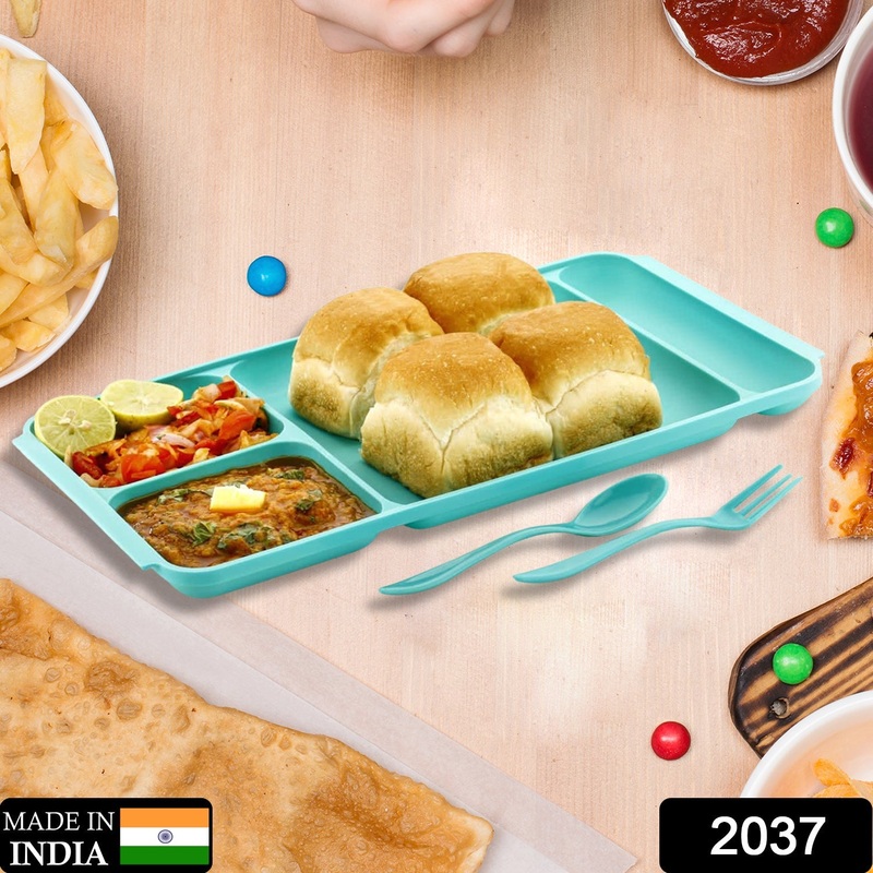 2037 4Compartment Dish with Spoon and Fork(2 Dish Set with 1Spoon and 1Fork) Dinner Plate Plastic Compartment Plate Pav Bhaji Plate 4-Compartments Divided Plastic Food Plate.