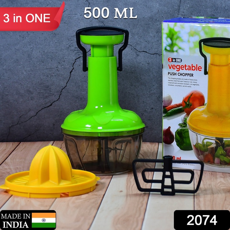 2074 3 IN 1 PUSH CHOPPER 500ML USED FOR CHOPPING OF FRUITS AND VEGETABLES.