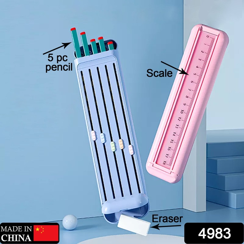 4983 Plastic Pencil Case for Students, Small Hard Pencil Case with Slot, Compact Pencil Box with 5pcs Pencils, Ruler and Eraser for School
