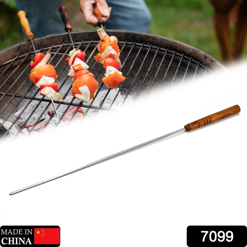 7099 Non Bending Reusable Long Wooden Thick Handle BBQ Grill Paneer Tikka Kebab Seekh Barbeque Skewers.