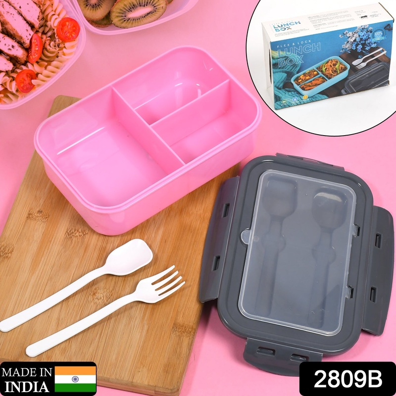 2809b LUNCH BOX 3 COMPARTMENT PLASTIC LINER LUNCH CONTAINER, PORTABLE TABLEWARE SET FOR OFFICE , SCHOOL & HOME USE