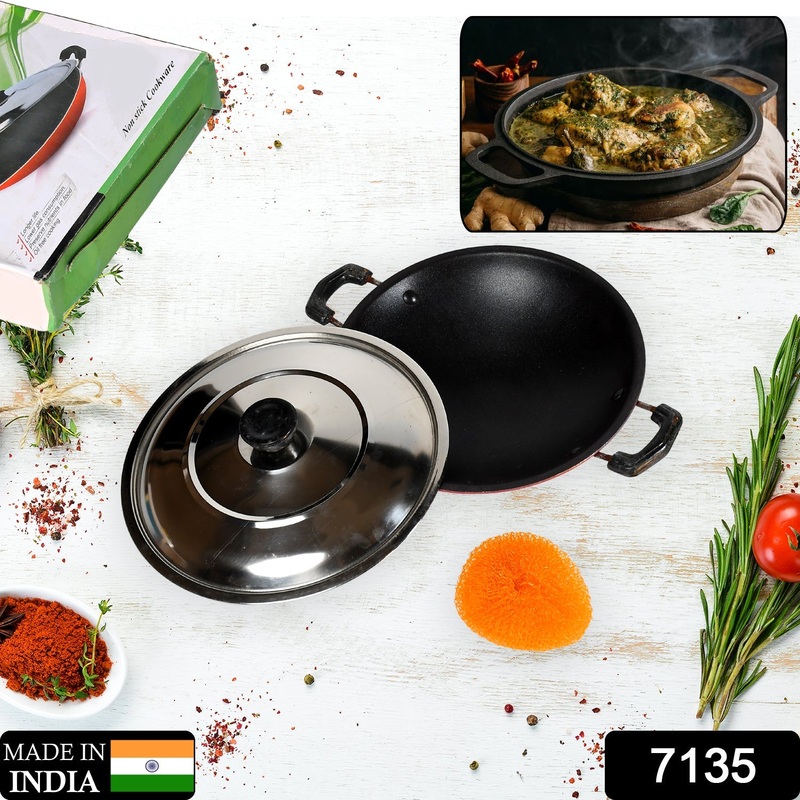 7135 Nonstick Kadhai With Lid Deep Frying Pan, Kadhai with Lid for Cooking, Biryani Pot