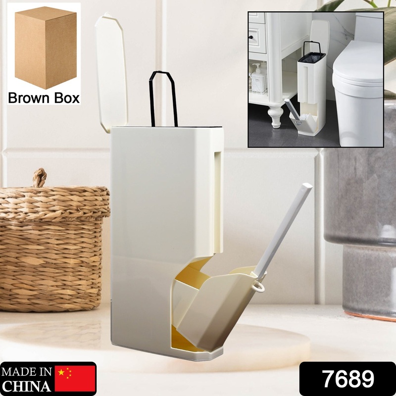 7689 Slim Plastic Trash Can Toilet Bowl Brush Small Garbage Can with Lid Toilet Brush Brush with Holder Set for Bathroom